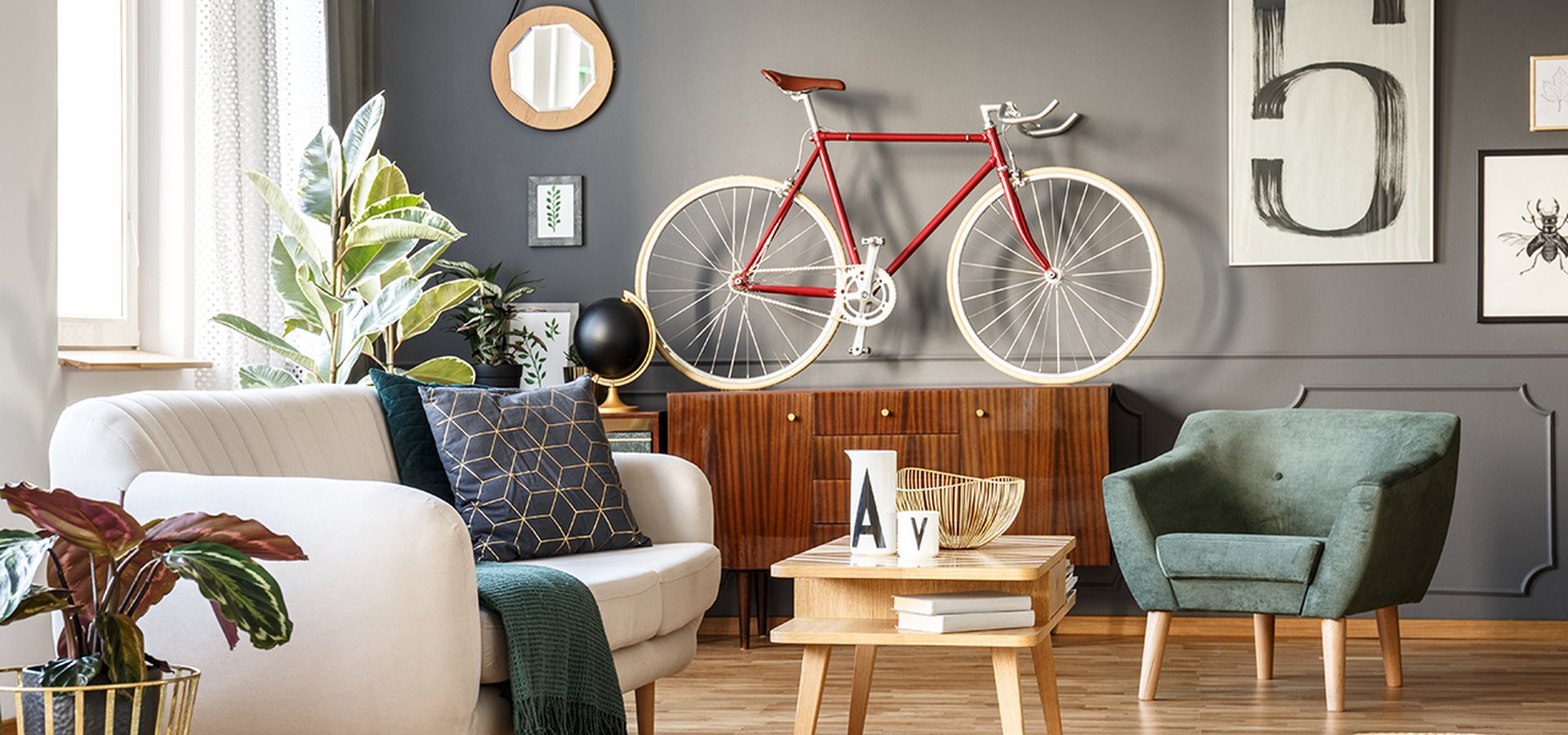 Large apartment with accents and a bike hanging on the wall